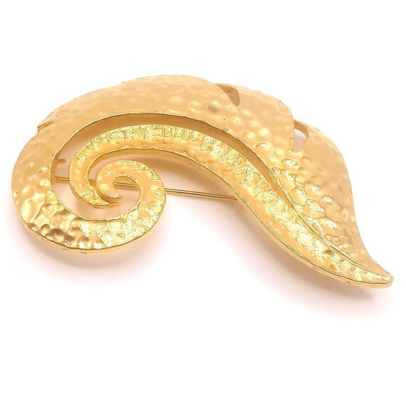 Vintage Brooch Hammered Curled Leaf Feather Design Gold Plated Metal Pin 3" - Picture 4 of 10